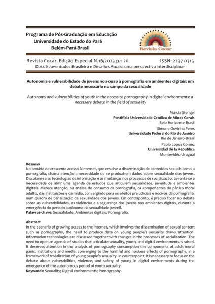 Tapa: Autonomia e vulnerabilidade de jovens no acesso à pornografia em ambientes digitais: um debate necessário no campo da sexualidade